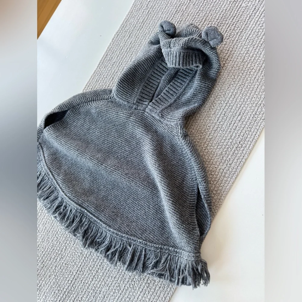 Baby GAP Charcoal Gray Cotton Sweater Knit Hooded Poncho with Ears Sz 3 Years
